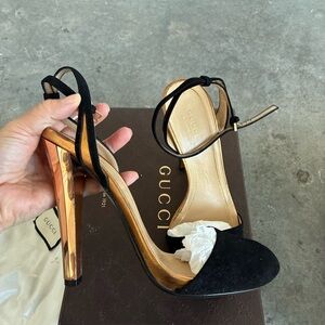 Gucci Black suede Gold Women's Heels 38 sandals ankle strap high
